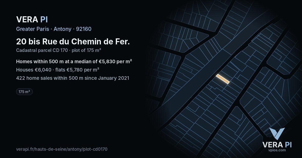 20 bis Rue du Chemin de Fer, Antony at night – the plot lit, the parcels around coloured by the prices near them