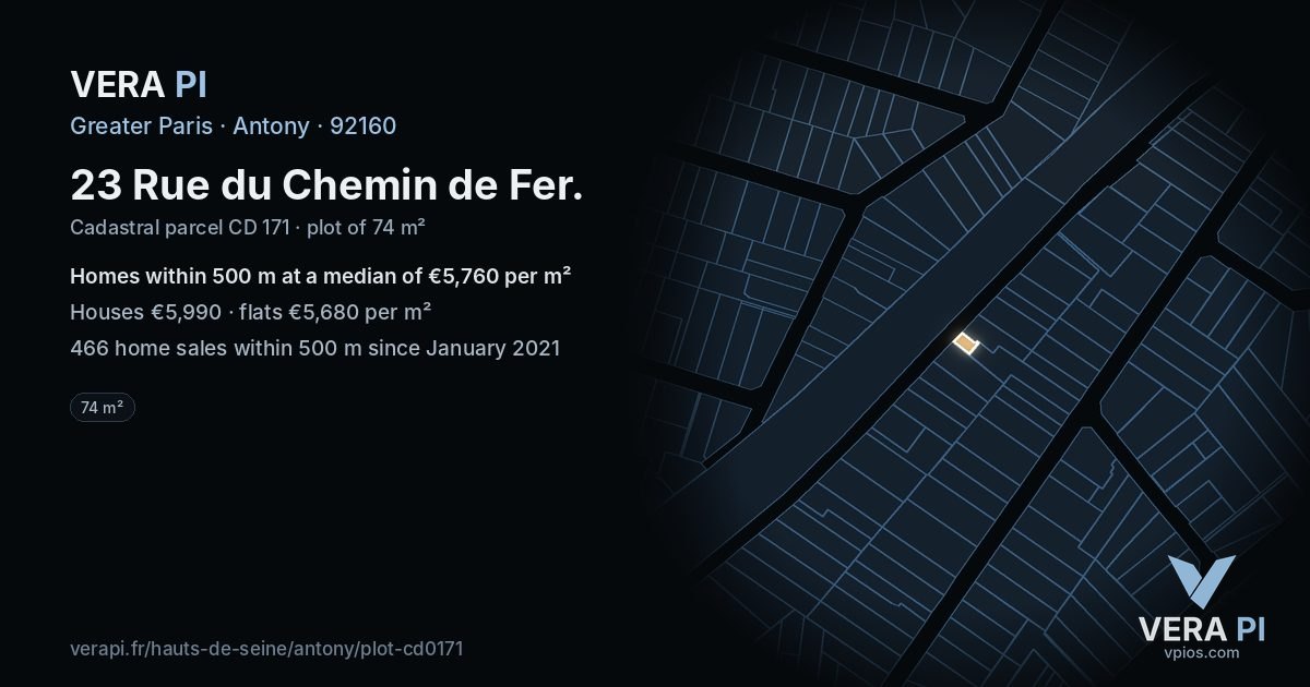 23 Rue du Chemin de Fer, Antony at night – the plot lit, the parcels around coloured by the prices near them