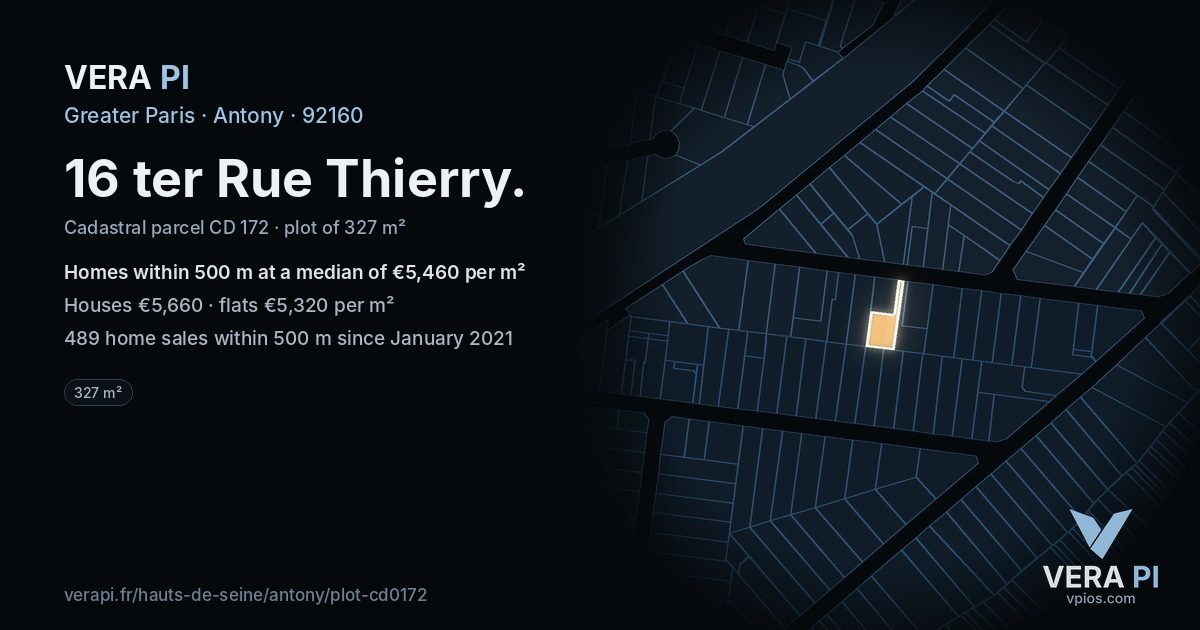 16 ter Rue Thierry, Antony at night – the plot lit, the parcels around coloured by the prices near them
