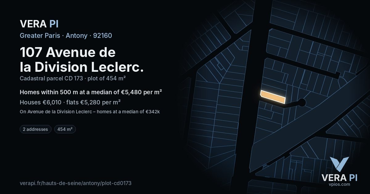 107 Avenue de la Division Leclerc, Antony at night – the plot lit, the parcels around coloured by the prices near them