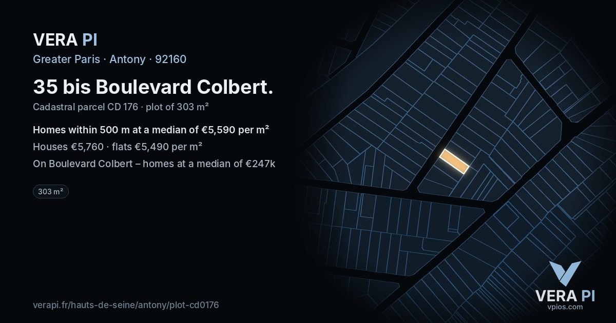 35 bis Boulevard Colbert, Antony at night – the plot lit, the parcels around coloured by the prices near them