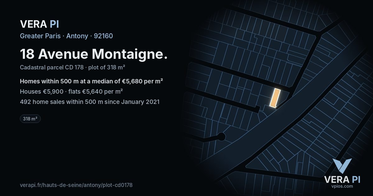 18 Avenue Montaigne, Antony at night – the plot lit, the parcels around coloured by the prices near them