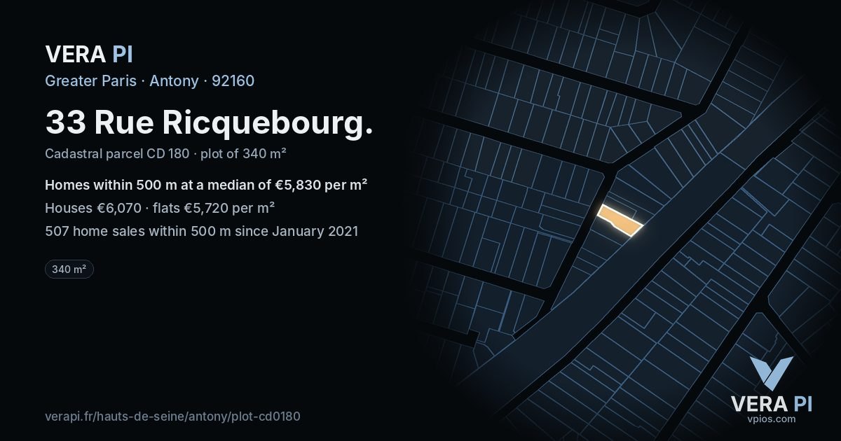 33 Rue Ricquebourg, Antony at night – the plot lit, the parcels around coloured by the prices near them