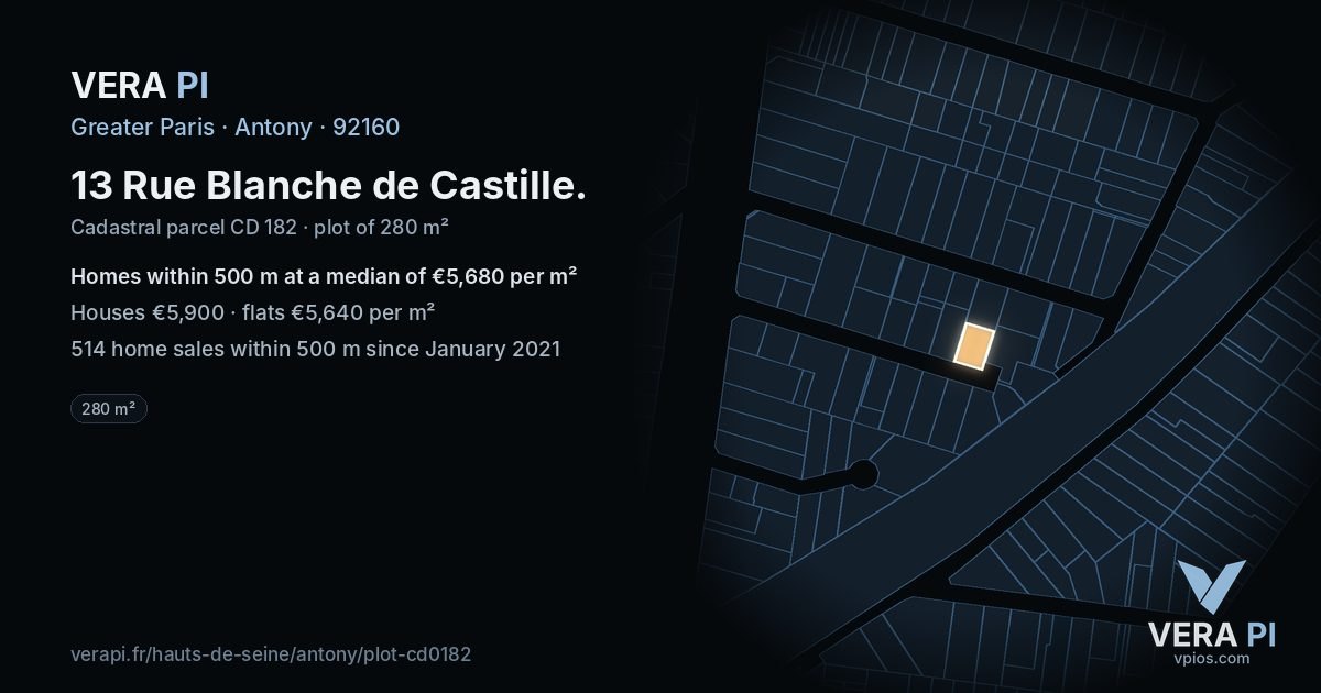 13 Rue Blanche de Castille, Antony at night – the plot lit, the parcels around coloured by the prices near them