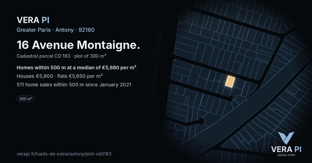 16 Avenue Montaigne, Antony at night – the plot lit, the parcels around coloured by the prices near them