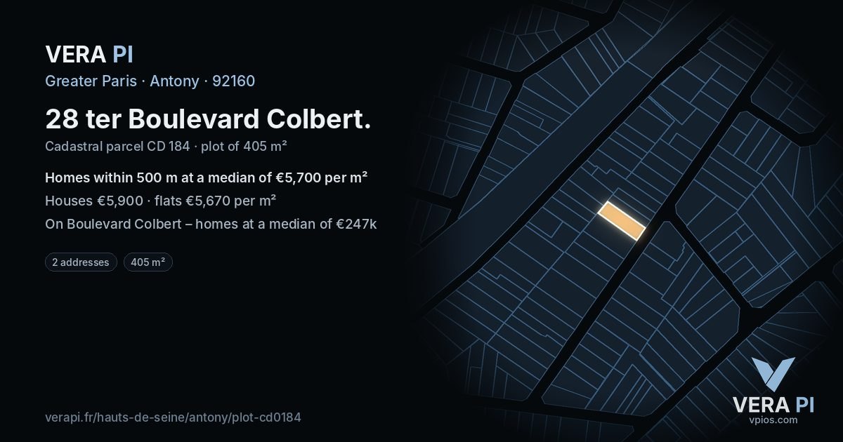 28 ter Boulevard Colbert, Antony at night – the plot lit, the parcels around coloured by the prices near them