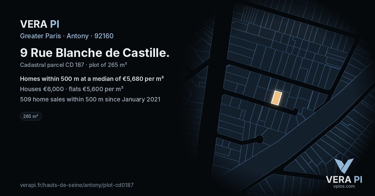 9 Rue Blanche de Castille, Antony at night – the plot lit, the parcels around coloured by the prices near them