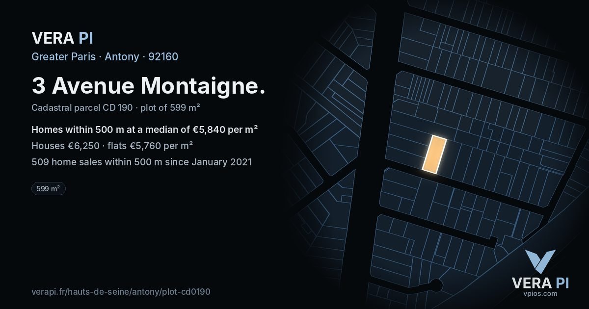 3 Avenue Montaigne, Antony at night – the plot lit, the parcels around coloured by the prices near them