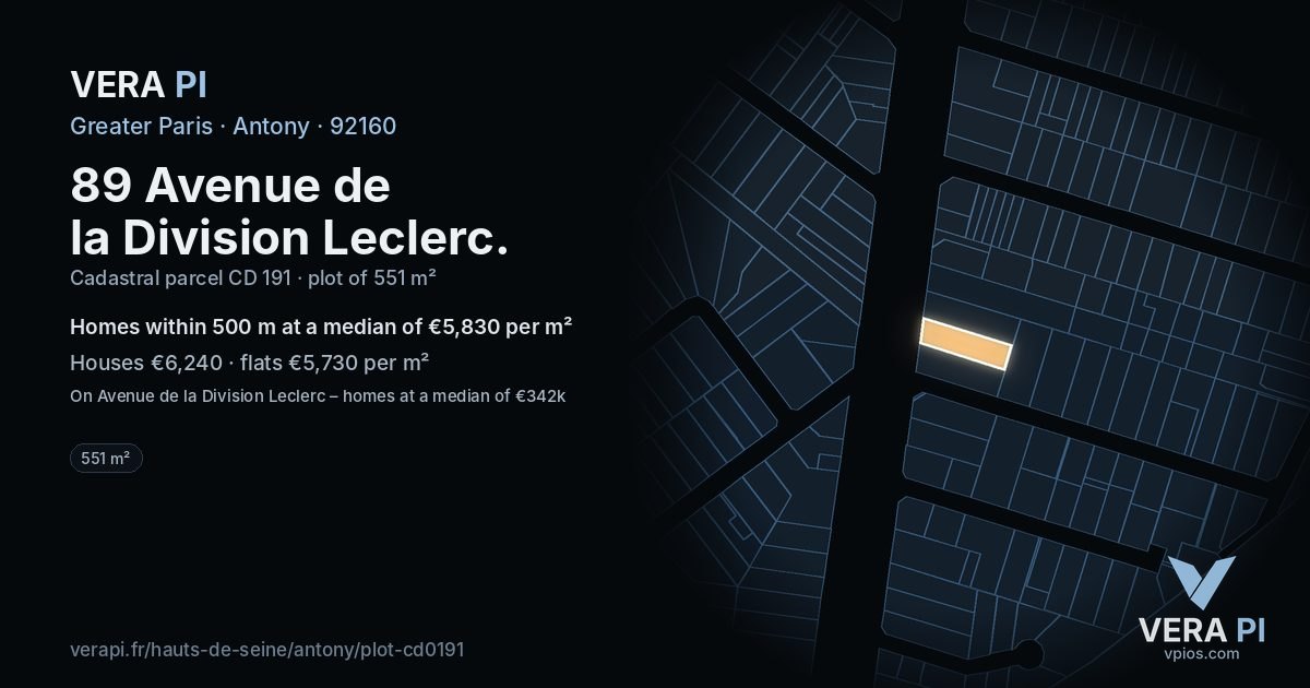 89 Avenue de la Division Leclerc, Antony at night – the plot lit, the parcels around coloured by the prices near them