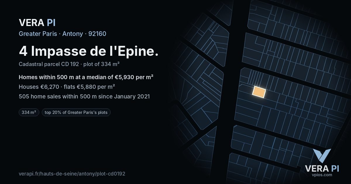 4 Impasse de l'Epine, Antony at night – the plot lit, the parcels around coloured by the prices near them