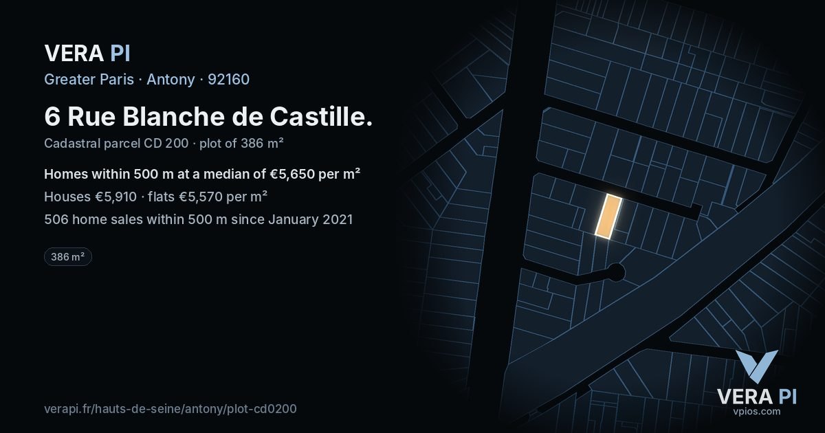 6 Rue Blanche de Castille, Antony at night – the plot lit, the parcels around coloured by the prices near them