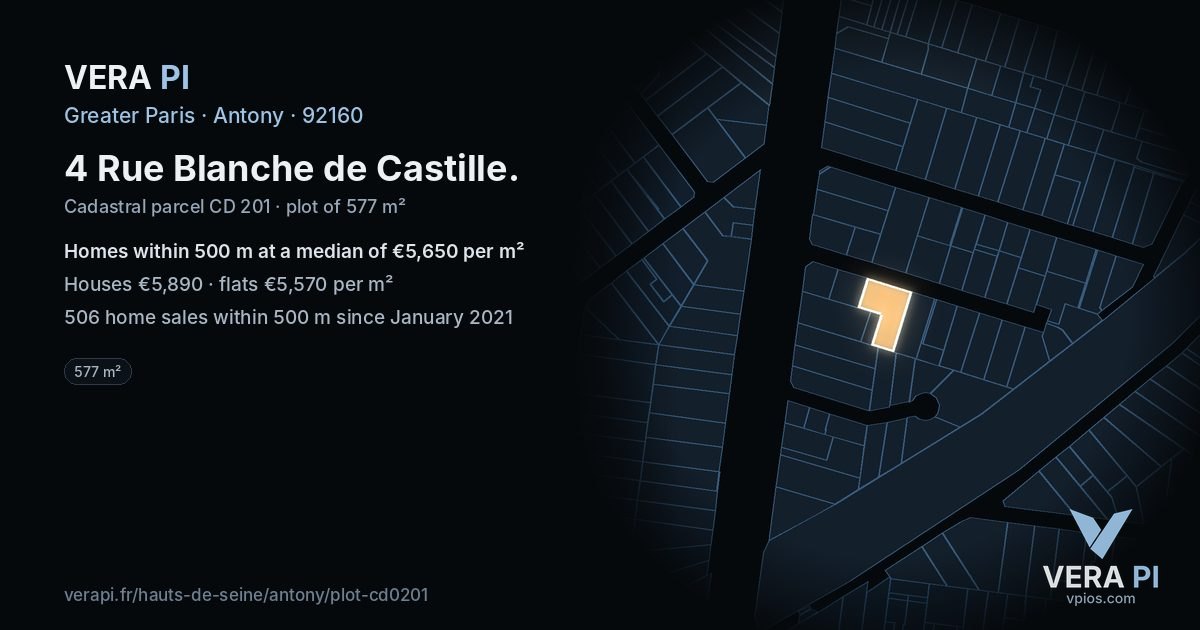 4 Rue Blanche de Castille, Antony at night – the plot lit, the parcels around coloured by the prices near them