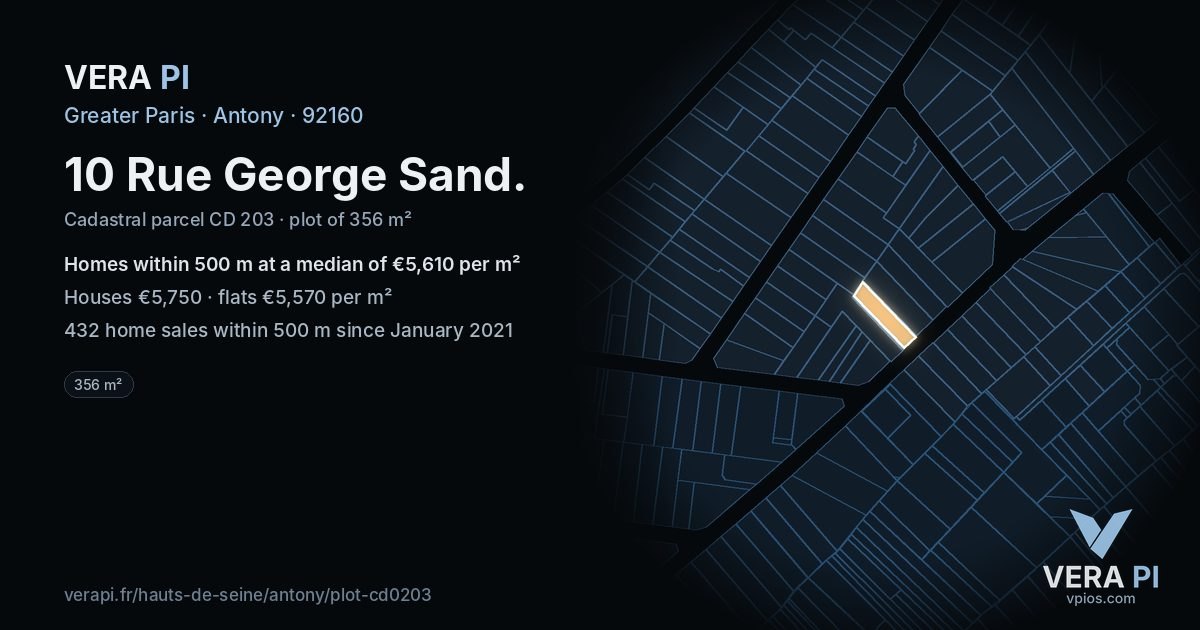 10 Rue George Sand, Antony at night – the plot lit, the parcels around coloured by the prices near them