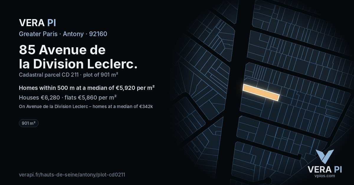 85 Avenue de la Division Leclerc, Antony at night – the plot lit, the parcels around coloured by the prices near them
