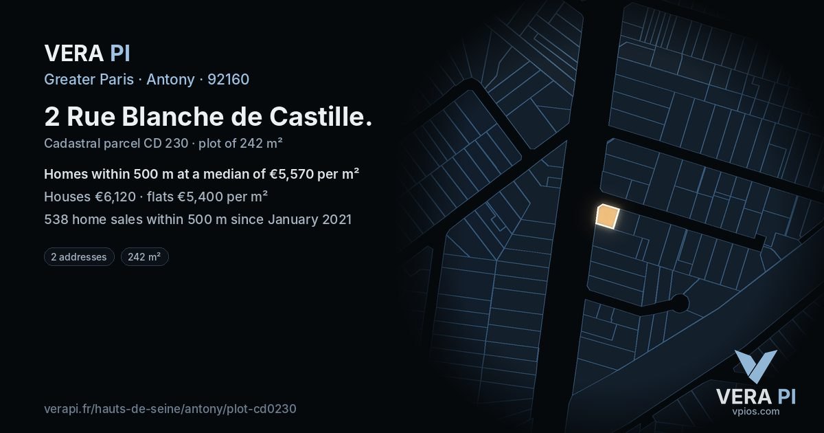 2 Rue Blanche de Castille, Antony at night – the plot lit, the parcels around coloured by the prices near them