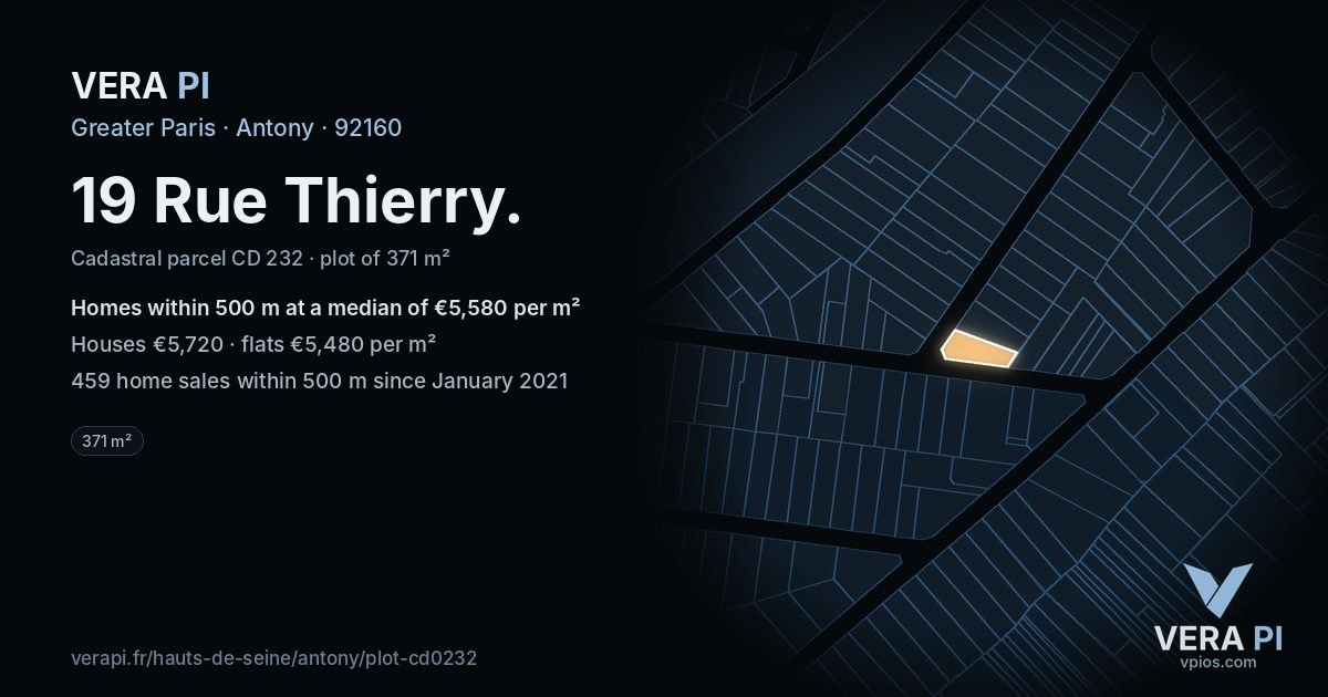 19 Rue Thierry, Antony at night – the plot lit, the parcels around coloured by the prices near them