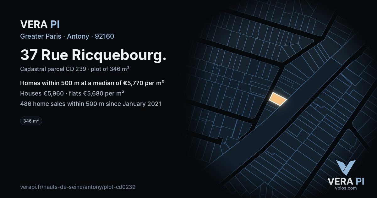 37 Rue Ricquebourg, Antony at night – the plot lit, the parcels around coloured by the prices near them