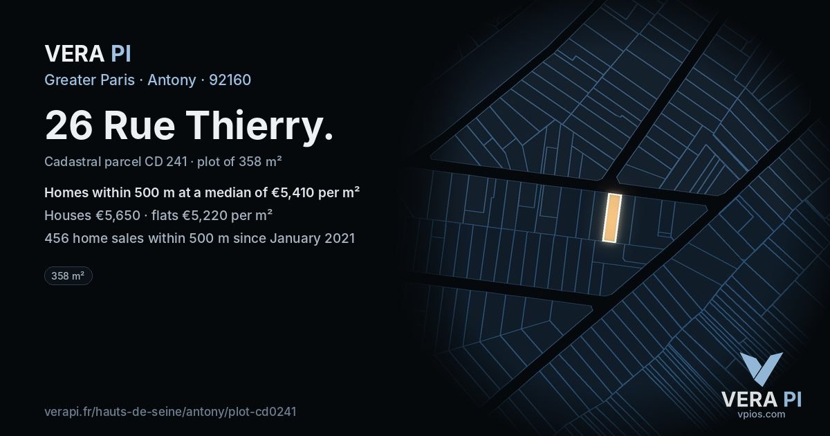 26 Rue Thierry, Antony at night – the plot lit, the parcels around coloured by the prices near them