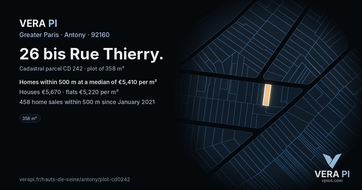 26 bis Rue Thierry, Antony at night – the plot lit, the parcels around coloured by the prices near them