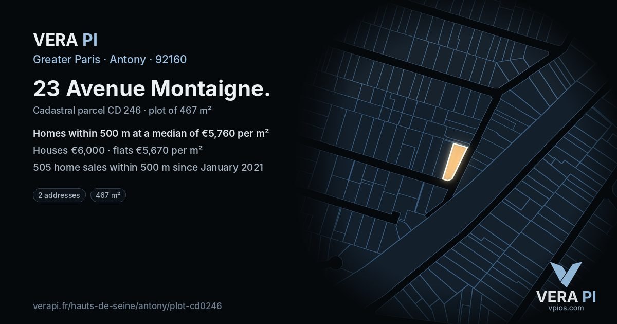 23 Avenue Montaigne, Antony at night – the plot lit, the parcels around coloured by the prices near them