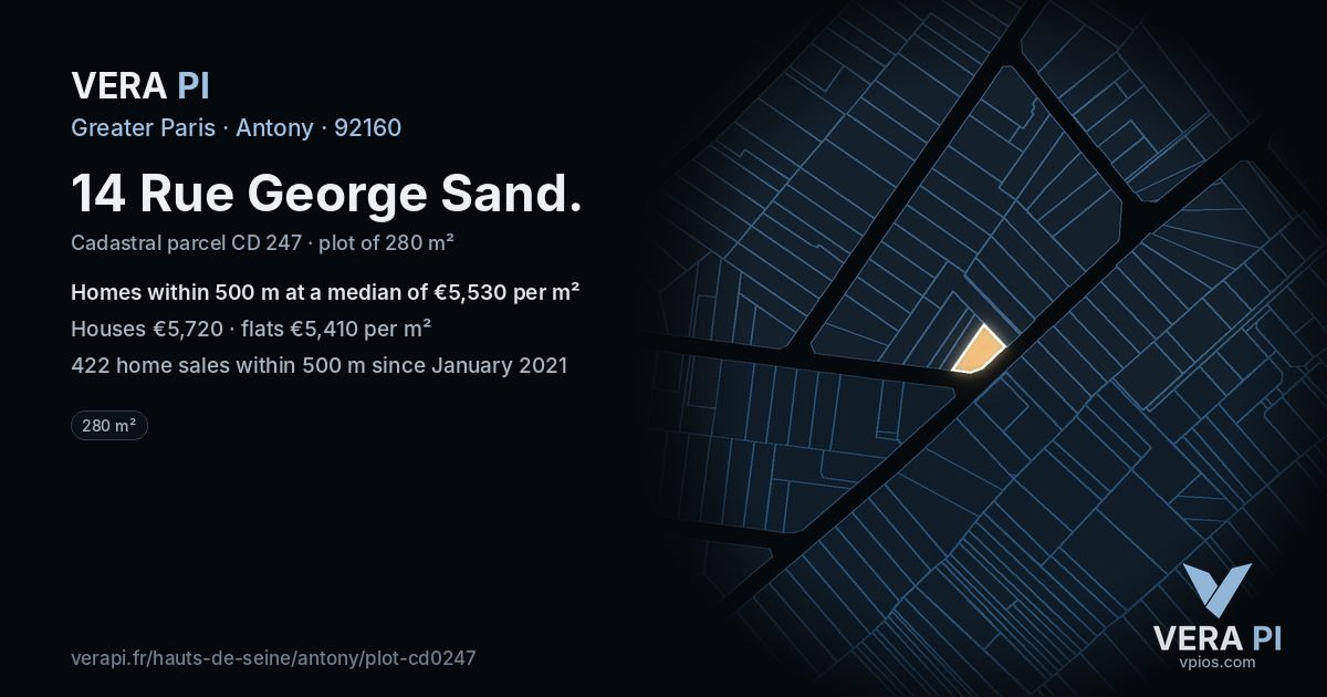 14 Rue George Sand, Antony at night – the plot lit, the parcels around coloured by the prices near them
