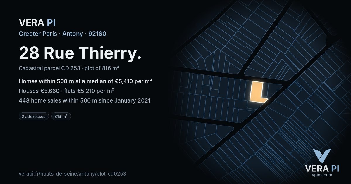 28 Rue Thierry, Antony at night – the plot lit, the parcels around coloured by the prices near them