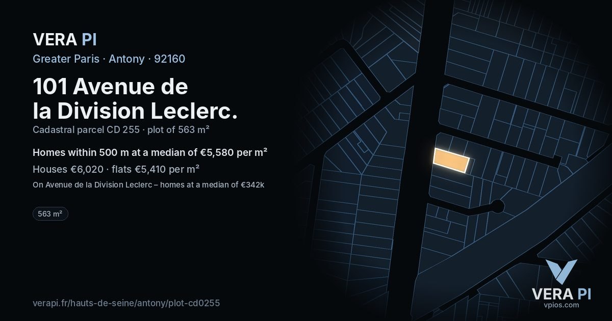 101 Avenue de la Division Leclerc, Antony at night – the plot lit, the parcels around coloured by the prices near them