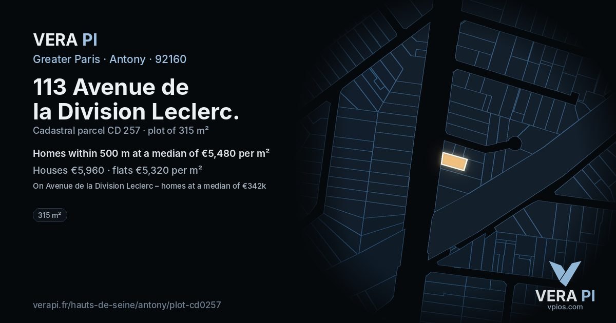 113 Avenue de la Division Leclerc, Antony at night – the plot lit, the parcels around coloured by the prices near them