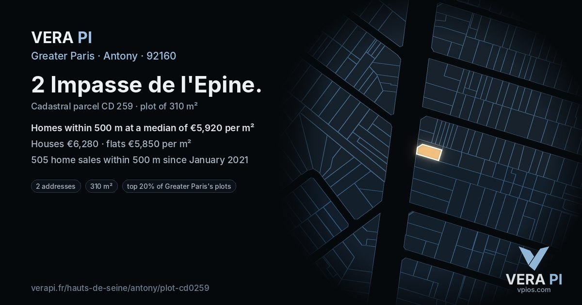 2 Impasse de l'Epine, Antony at night – the plot lit, the parcels around coloured by the prices near them