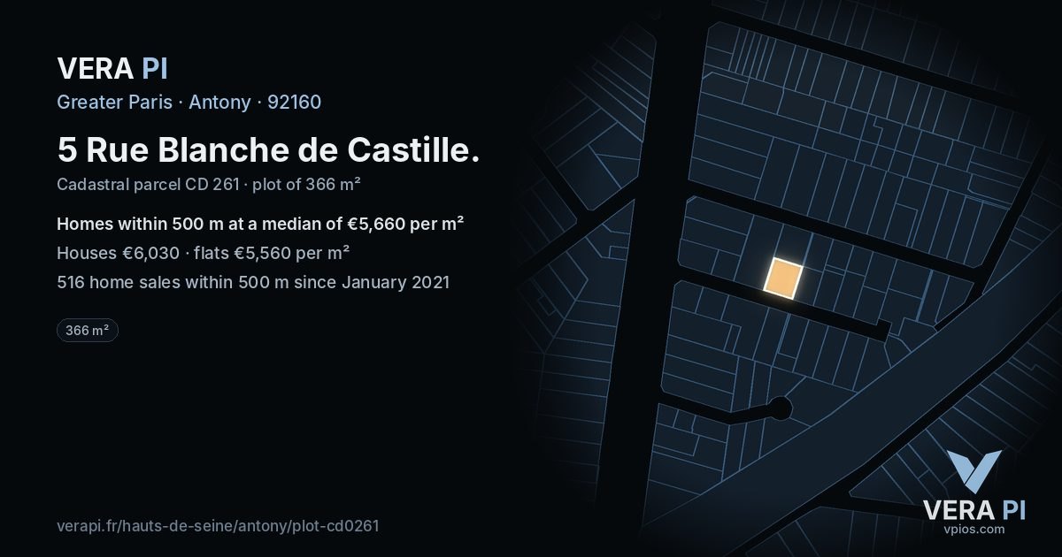 5 Rue Blanche de Castille, Antony at night – the plot lit, the parcels around coloured by the prices near them