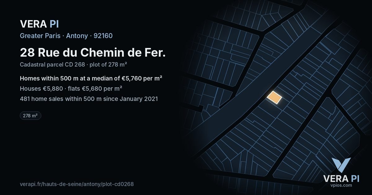 28 Rue du Chemin de Fer, Antony at night – the plot lit, the parcels around coloured by the prices near them
