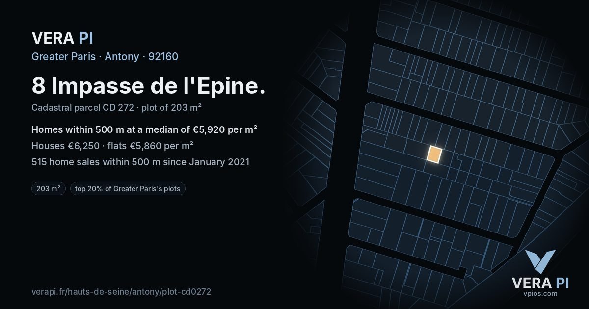 8 Impasse de l'Epine, Antony at night – the plot lit, the parcels around coloured by the prices near them