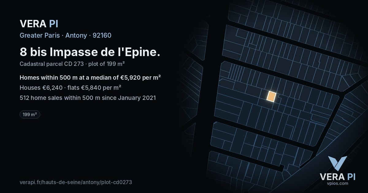 8 bis Impasse de l'Epine, Antony at night – the plot lit, the parcels around coloured by the prices near them