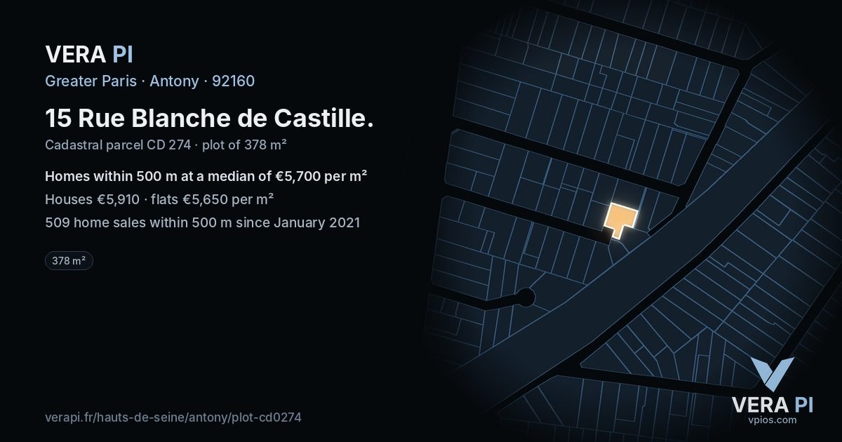 15 Rue Blanche de Castille, Antony at night – the plot lit, the parcels around coloured by the prices near them
