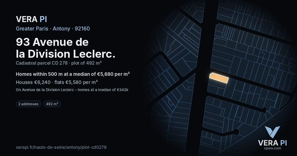 93 Avenue de la Division Leclerc, Antony at night – the plot lit, the parcels around coloured by the prices near them