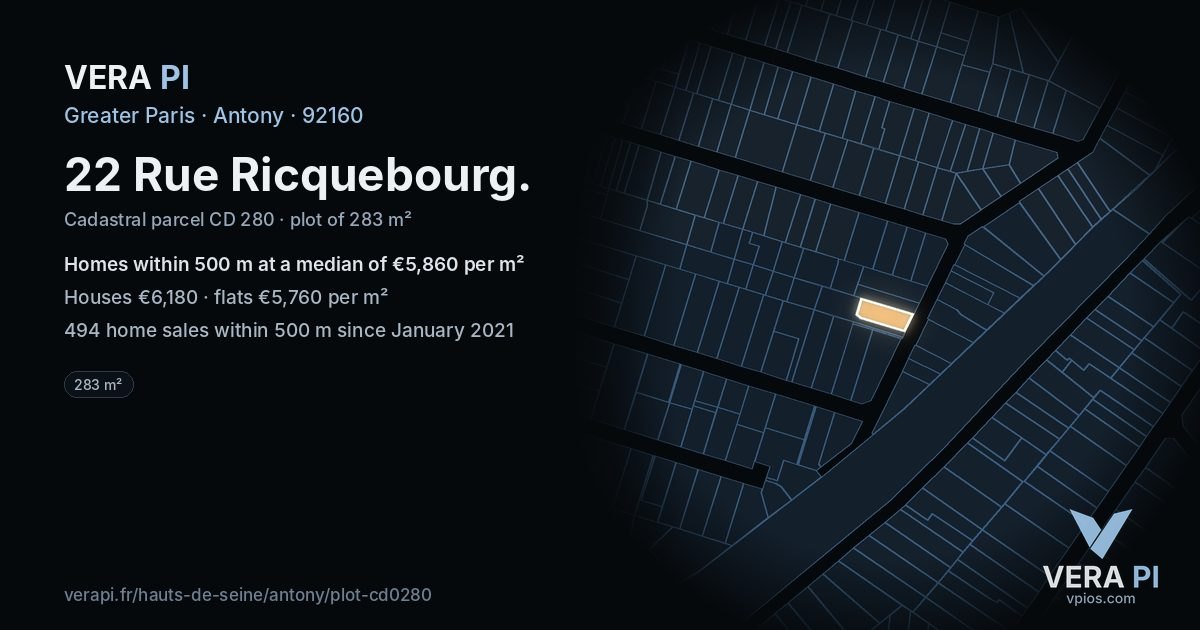 22 Rue Ricquebourg, Antony at night – the plot lit, the parcels around coloured by the prices near them