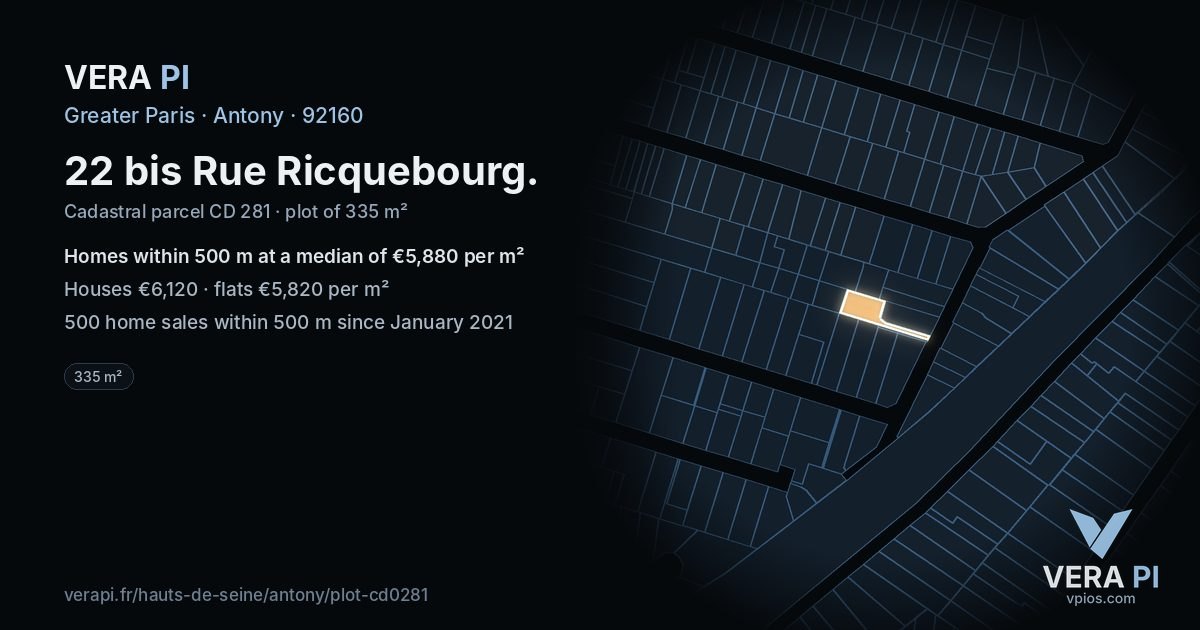 22 bis Rue Ricquebourg, Antony at night – the plot lit, the parcels around coloured by the prices near them