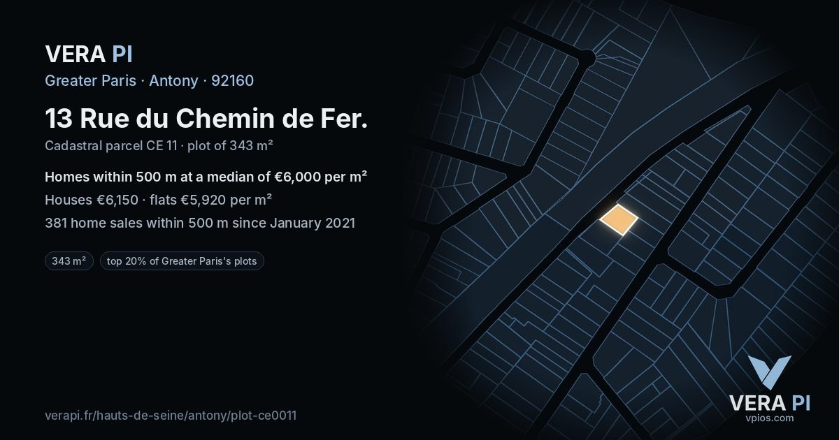 13 Rue du Chemin de Fer, Antony at night – the plot lit, the parcels around coloured by the prices near them