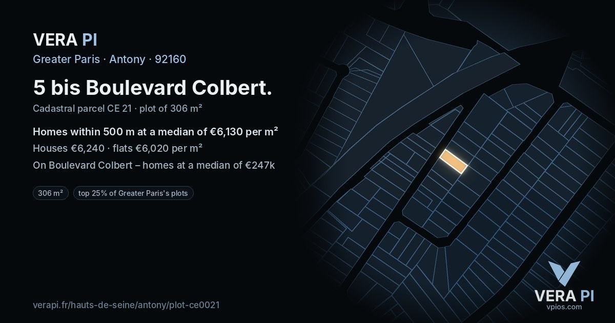 5 bis Boulevard Colbert, Antony at night – the plot lit, the parcels around coloured by the prices near them