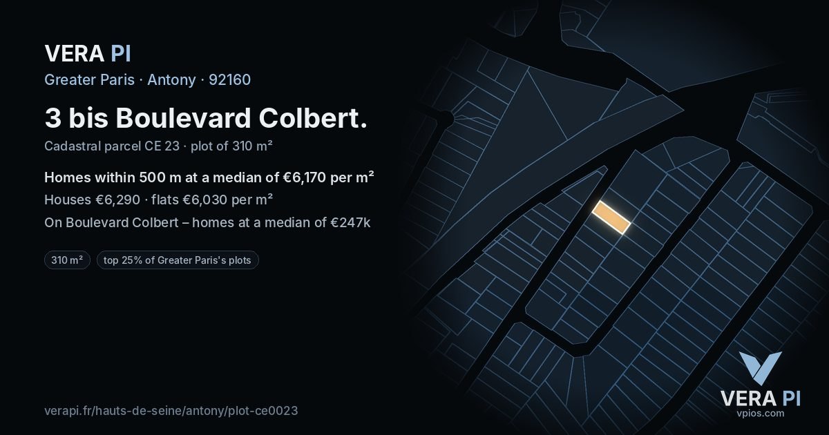 3 bis Boulevard Colbert, Antony at night – the plot lit, the parcels around coloured by the prices near them