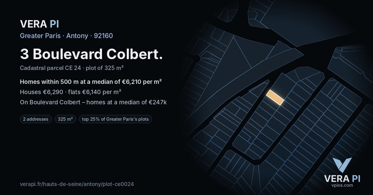 3 Boulevard Colbert, Antony at night – the plot lit, the parcels around coloured by the prices near them