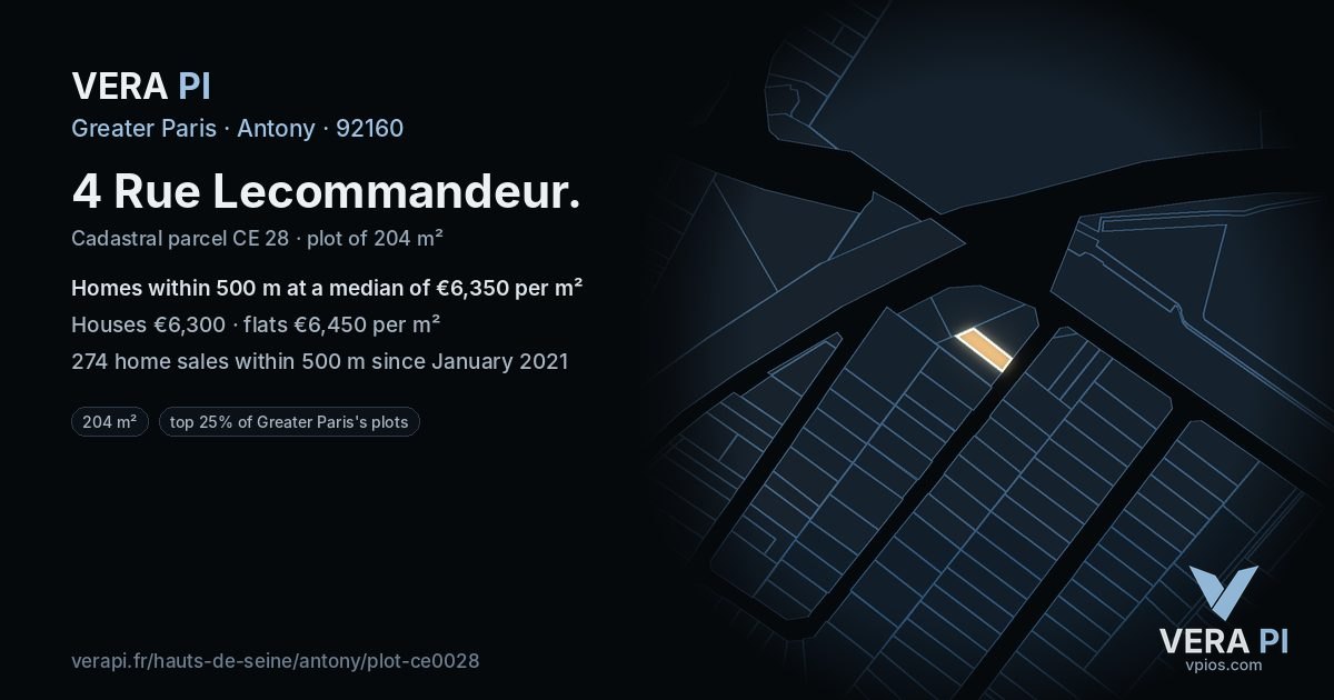 4 Rue Lecommandeur, Antony at night – the plot lit, the parcels around coloured by the prices near them