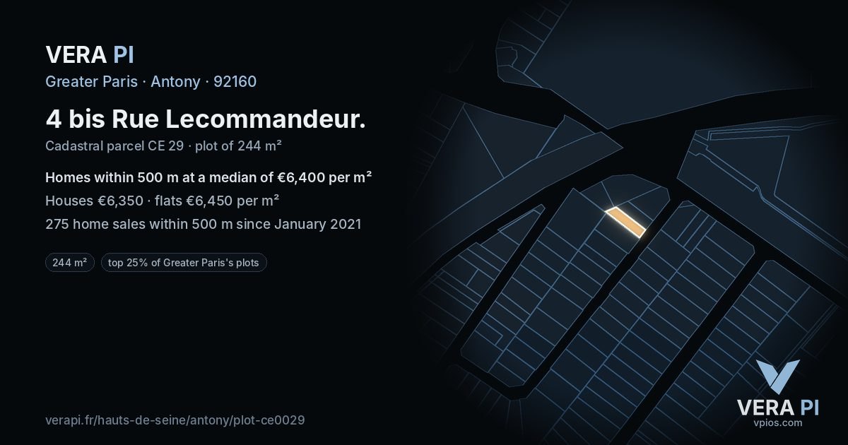 4 bis Rue Lecommandeur, Antony at night – the plot lit, the parcels around coloured by the prices near them