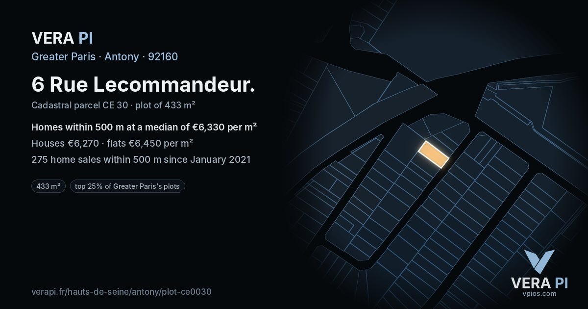 6 Rue Lecommandeur, Antony at night – the plot lit, the parcels around coloured by the prices near them
