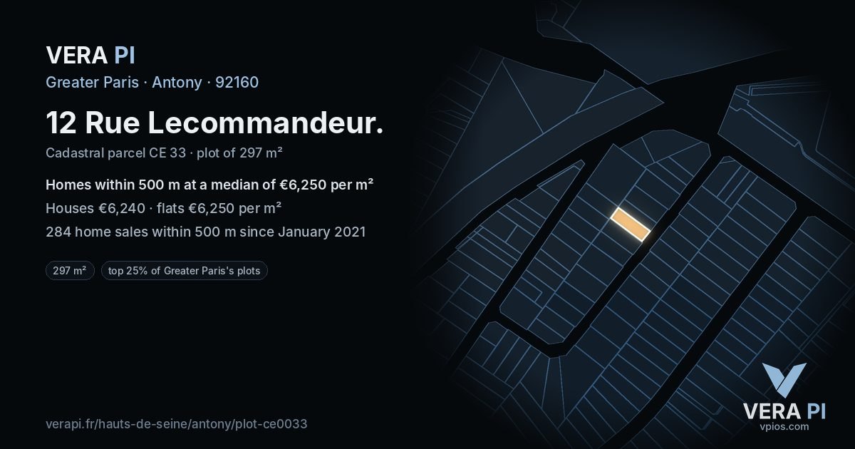 12 Rue Lecommandeur, Antony at night – the plot lit, the parcels around coloured by the prices near them