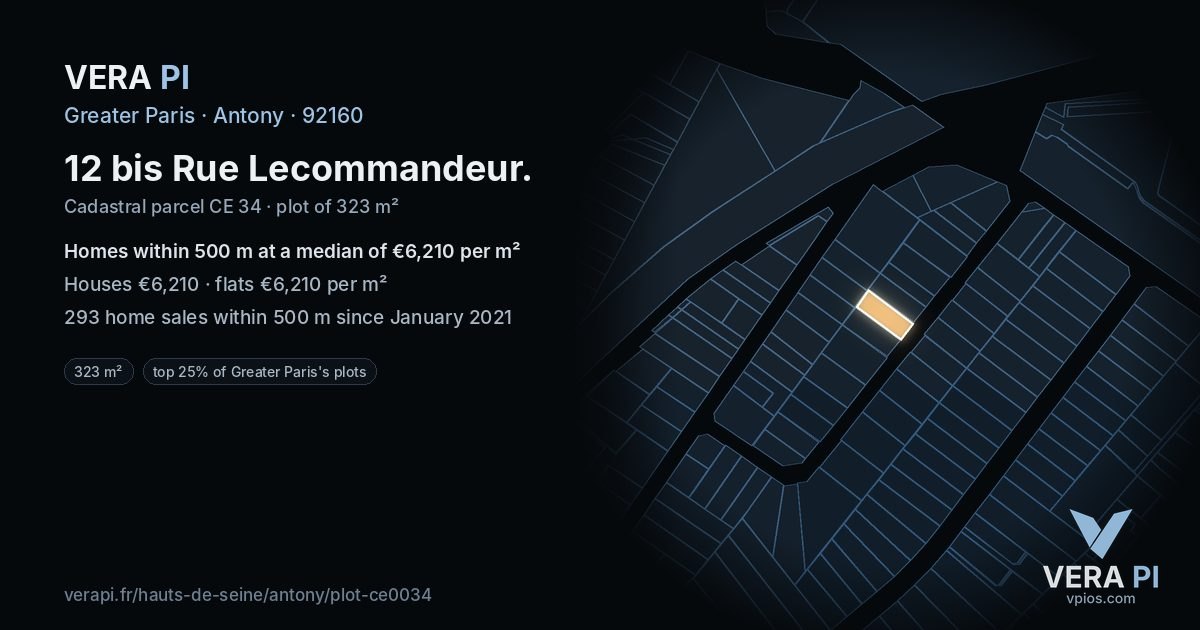 12 bis Rue Lecommandeur, Antony at night – the plot lit, the parcels around coloured by the prices near them