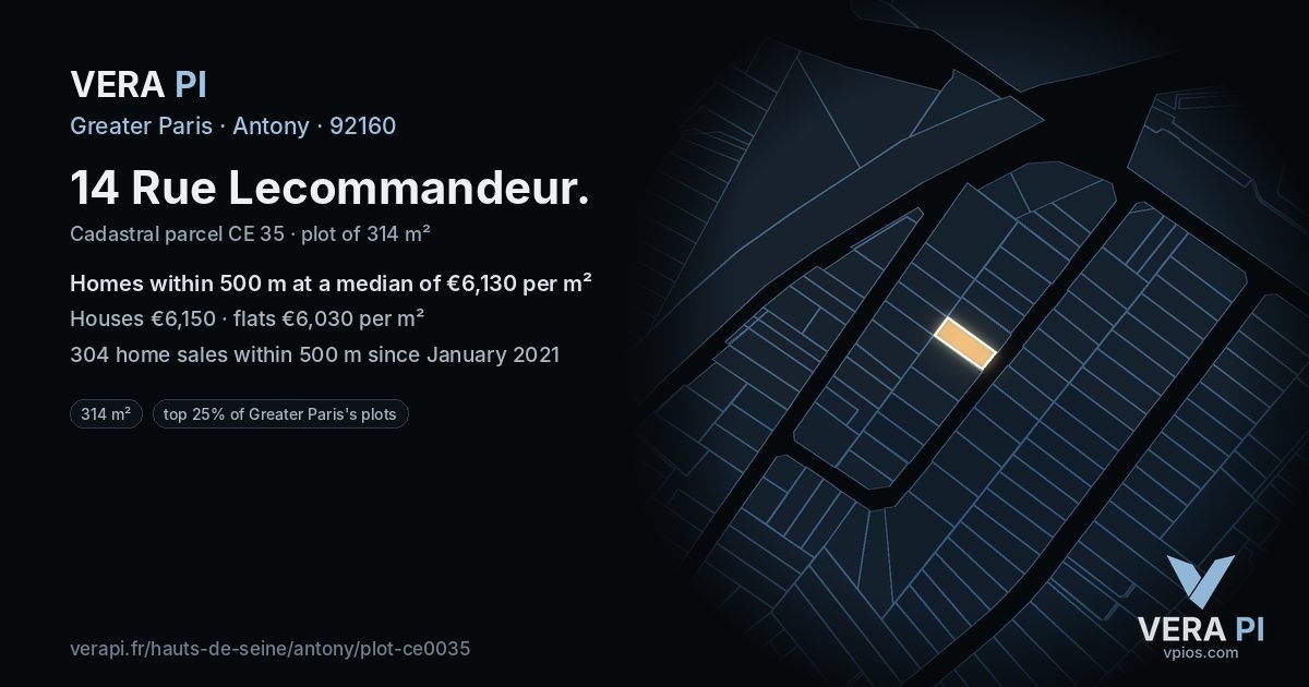 14 Rue Lecommandeur, Antony at night – the plot lit, the parcels around coloured by the prices near them