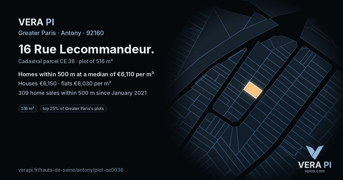 16 Rue Lecommandeur, Antony at night – the plot lit, the parcels around coloured by the prices near them