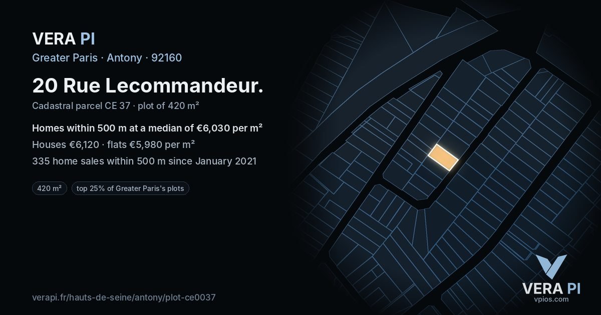 20 Rue Lecommandeur, Antony at night – the plot lit, the parcels around coloured by the prices near them