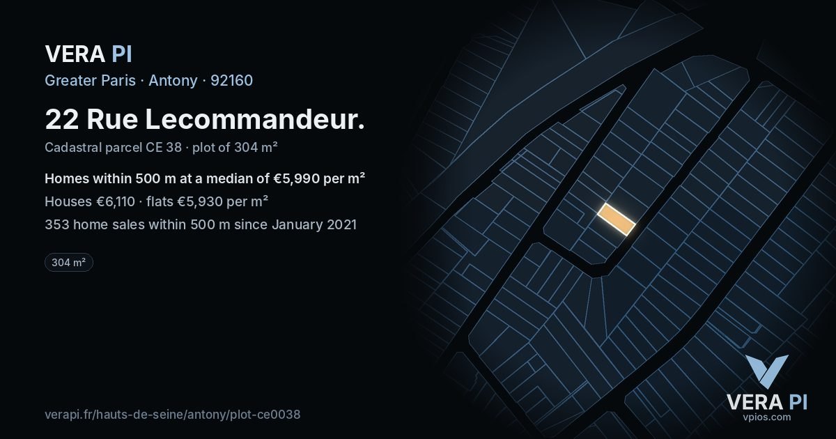 22 Rue Lecommandeur, Antony at night – the plot lit, the parcels around coloured by the prices near them